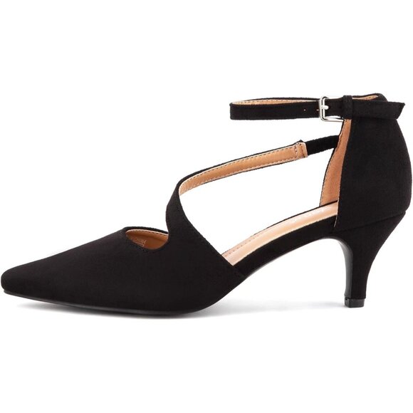 Women's Black Suede2 Polyurethane Pointed Toe Cross Strap Low Kitten Heel Pumps - Picture 3 of 7